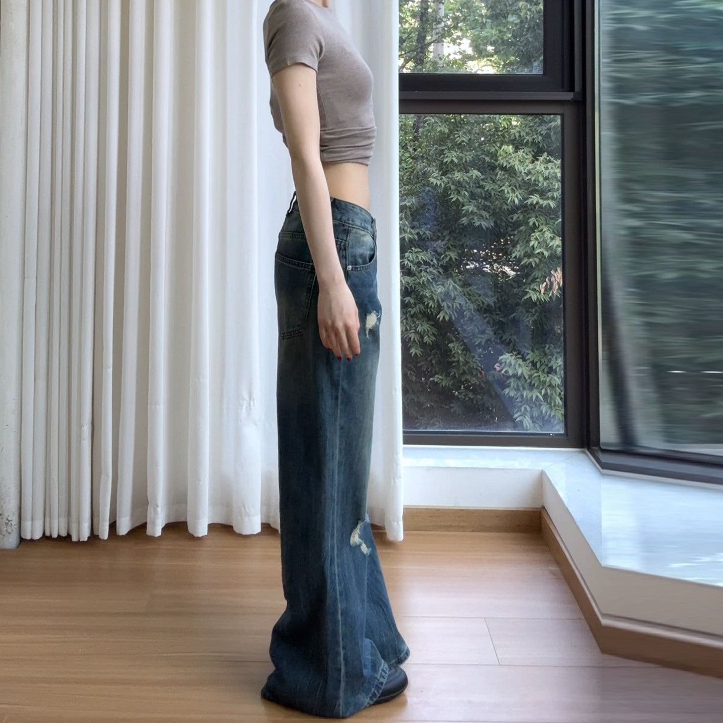 아메리칸 레트로 핫걸 로우 웨이스트 찢어진 부분 넓은 다리 청바지 여성 가을 새로운 루즈핏 슬림해 보이는 다용도 바닥 청소 긴 바지 상세 이미지 2