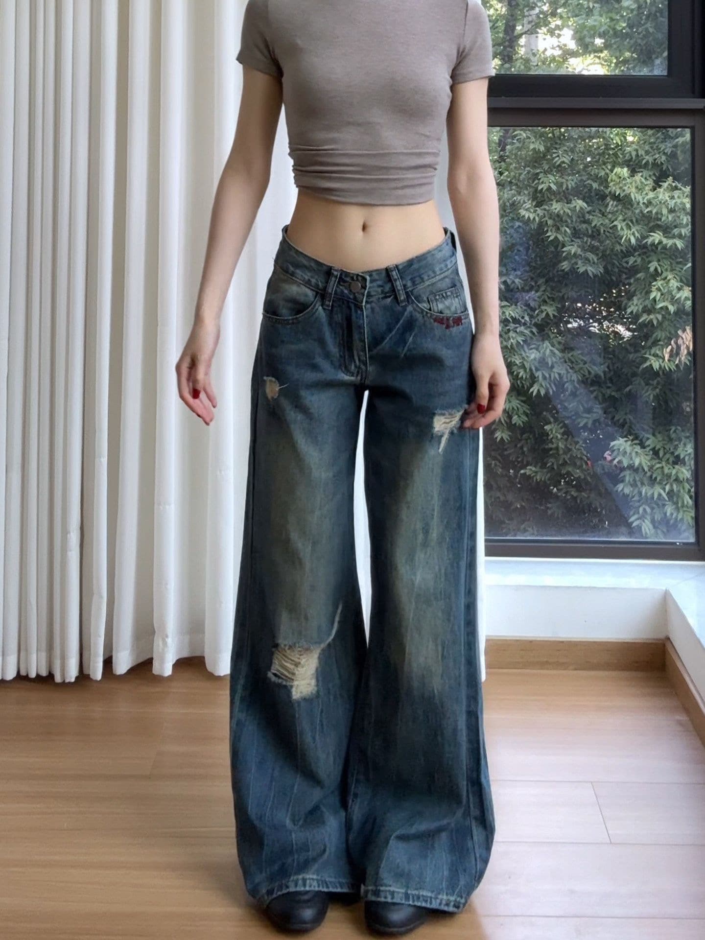 아메리칸 레트로 핫걸 로우 웨이스트 찢어진 부분 넓은 다리 청바지 여성 가을 새로운 루즈핏 슬림해 보이는 다용도 바닥 청소 긴 바지 상세 이미지 5