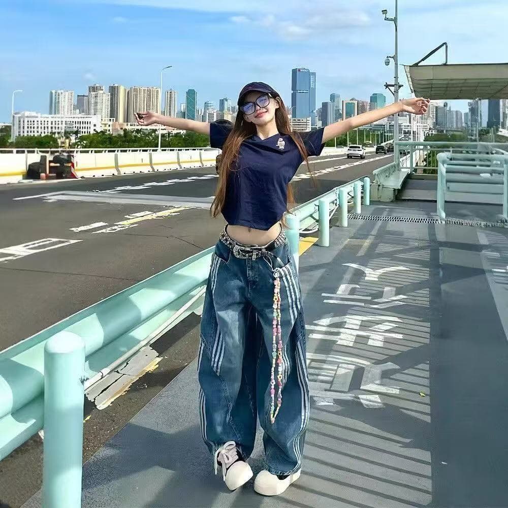 한 부서 아메리칸 레트로 워싱 해체 모통이 칼 청바지 여성 가을 디자인 센스 3개 바 스트라이프 패치워크 와이드 레그 팬츠 이미지 4