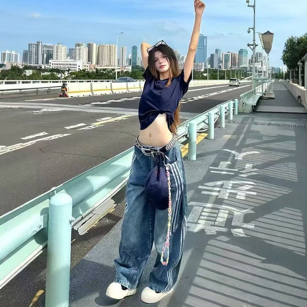 한 부서 아메리칸 레트로 워싱 해체 모통이 칼 청바지 여성 가을 디자인 센스 3개 바 스트라이프 패치워크 와이드 레그 팬츠 이미지 3