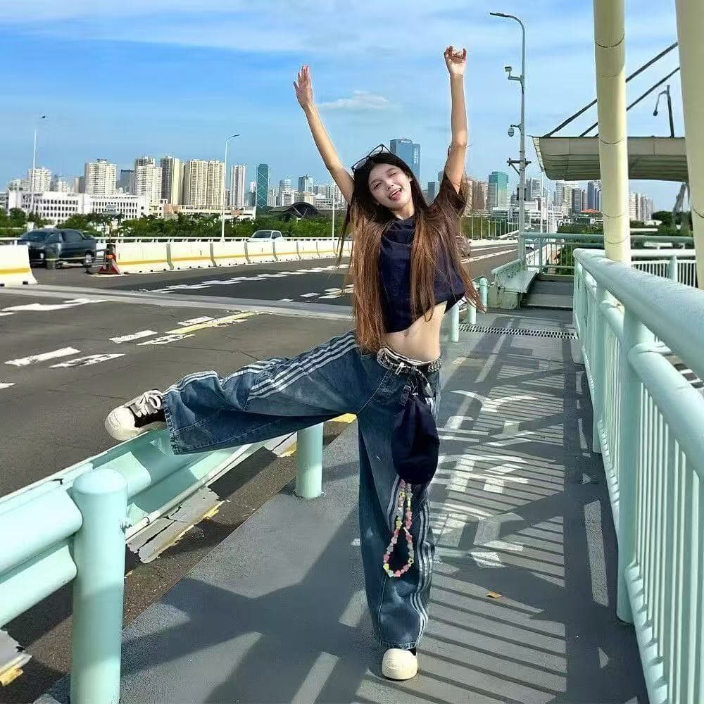 한 부서 아메리칸 레트로 워싱 해체 모통이 칼 청바지 여성 가을 디자인 센스 3개 바 스트라이프 패치워크 와이드 레그 팬츠 상세 이미지 8