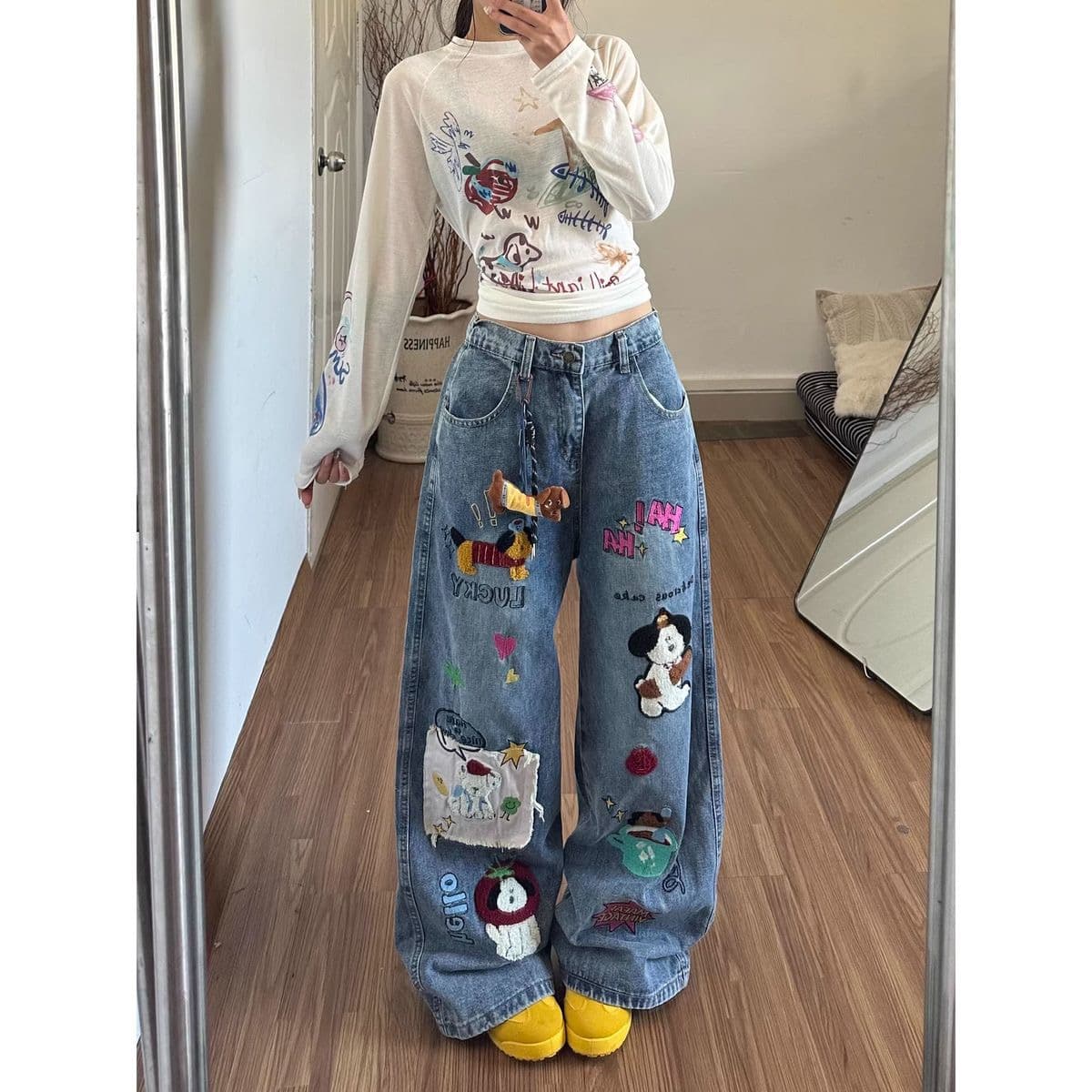 한 부서 레트로 강아지 수건 자수 청바지 여성 봄 가을 새로운 디자인 센스 루즈핏 모통이 칼 넓은 다리 길이 바지 상세 이미지 1