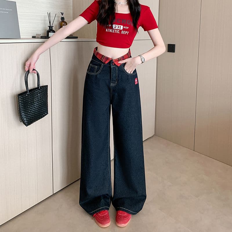 한 부서 chic 아메리칸 레트로 자수 청바지 여성 가을 새로운 하이웨이스트 루즈핏 체크무늬 패치워크 스트레이트 팬츠