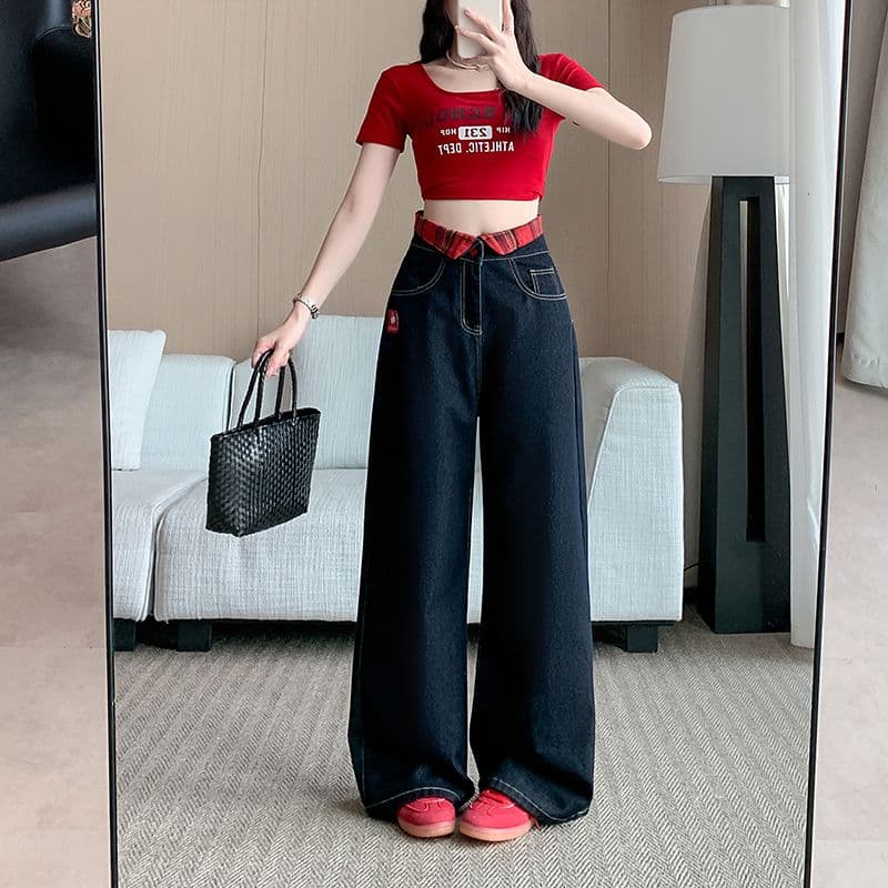 한 부서 chic 아메리칸 레트로 자수 청바지 여성 가을 새로운 하이웨이스트 루즈핏 체크무늬 패치워크 스트레이트 팬츠 이미지 2
