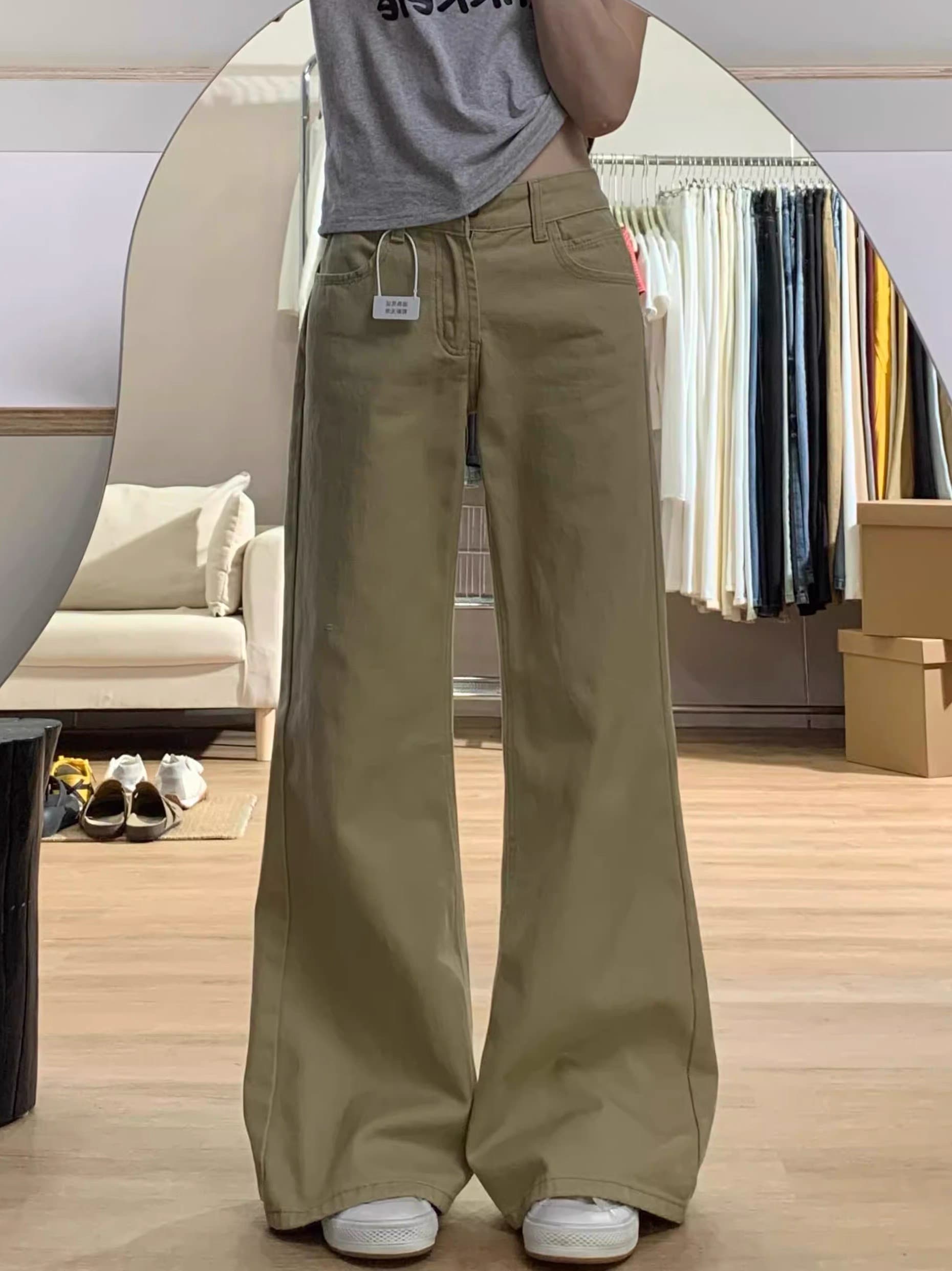 아메리칸 카키 색 로우 웨이스트 부츠컷 청바지 여성 작은 키 새로운 아니요 막대기 다리 루즈핏 슬림해 보이는 도루 센스 와이드 레그 팬츠 이미지 2