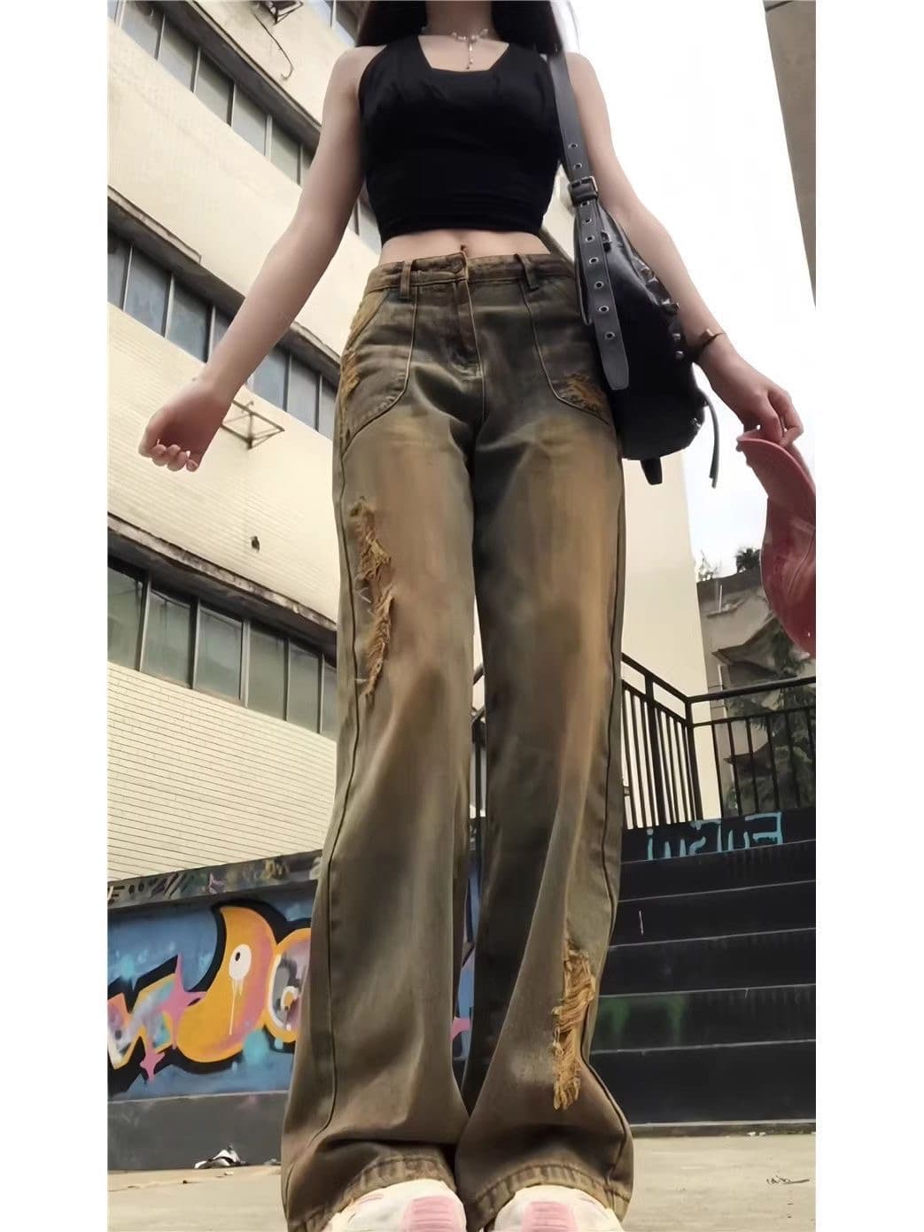 아메리칸 핫걸 레트로 워싱 청바지 아이들 봄 가을 새로운 불모지 바람 찢어진 부분 넓은 다리 다용도 슬림해 보이는 바지 이미지 2