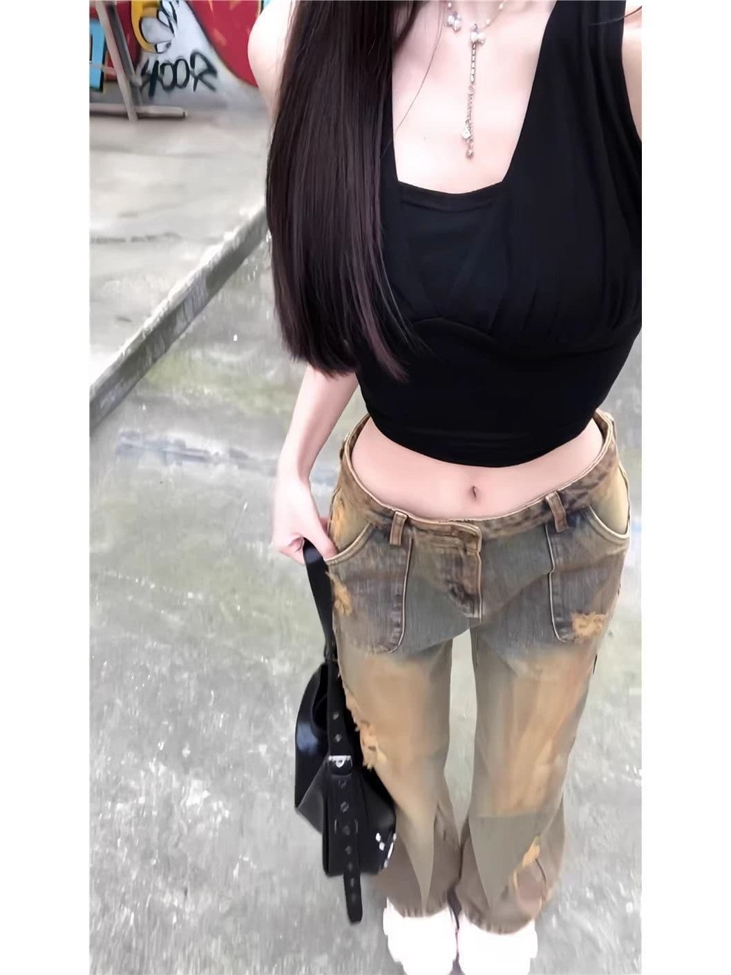아메리칸 핫걸 레트로 워싱 청바지 아이들 봄 가을 새로운 불모지 바람 찢어진 부분 넓은 다리 다용도 슬림해 보이는 바지 상세 이미지 2