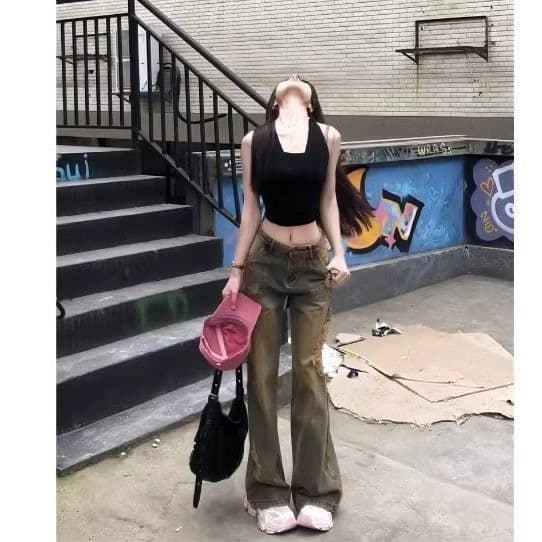 아메리칸 핫걸 레트로 워싱 청바지 아이들 봄 가을 새로운 불모지 바람 찢어진 부분 넓은 다리 다용도 슬림해 보이는 바지 상세 이미지 3