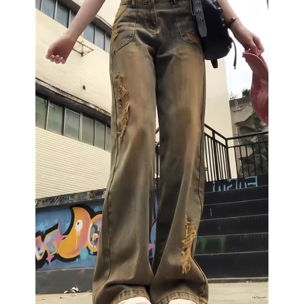 아메리칸 핫걸 레트로 워싱 청바지 아이들 봄 가을 새로운 불모지 바람 찢어진 부분 넓은 다리 다용도 슬림해 보이는 바지 상세 이미지 6