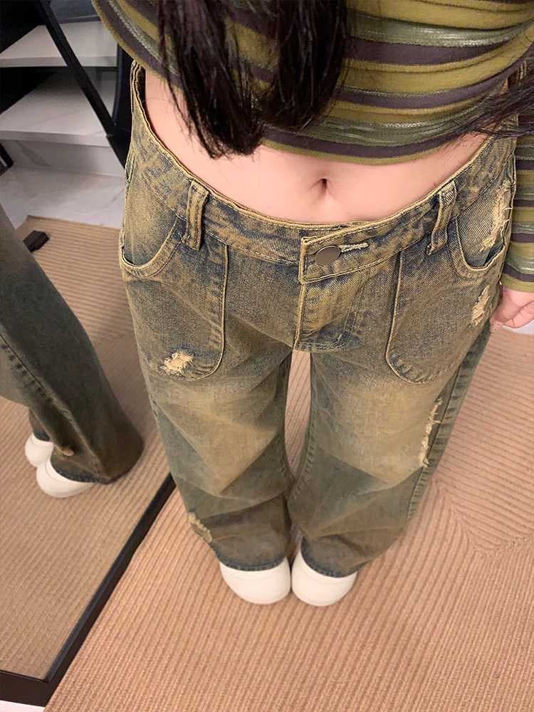 아메리칸 워싱 마 오래된 찢어진 부분 청바지 여성 2026 가을 빅 사이즈 지방 mm 루즈핏 넓은 다리 슬림해 보이는 스트레이트 긴 바지 상세 이미지 1