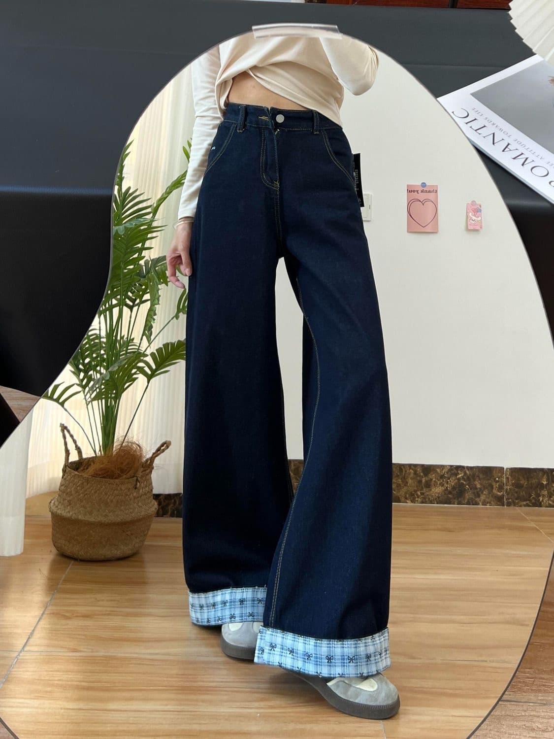 아메리칸 나비 매듭 체크무늬 패치워크 넓은 다리 청바지 여성 가을 하이웨이스트 루즈핏 스트레이트 볼륨 측면 바닥 청소 긴 바지 트렌디 이미지 3