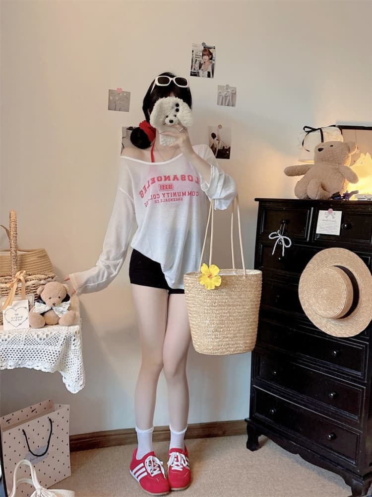 실사 정가 감소되지 않음 26 년 자외선 차단 블라우스 알파벳 프린트 긴팔 티셔츠 루즈핏 느긋한 맨위 인사이드 가져 가라. 슬립 상세 이미지 7