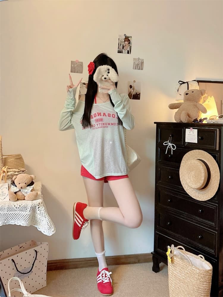 실사 정가 감소되지 않음 26 년 자외선 차단 블라우스 알파벳 프린트 긴팔 티셔츠 루즈핏 느긋한 맨위 인사이드 가져 가라. 슬립 상세 이미지 20
