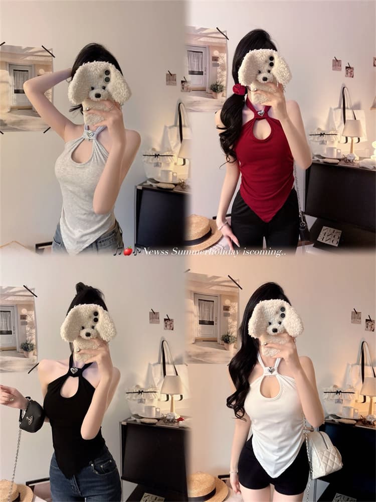 실사 정가 감소되지 않음 섹시함 행침 목 홀로우 아웃 캐미솔 비대칭 디자인 센스 인사이드 가져 가라. 외출용 벨트 가슴 패드 상세 이미지 2