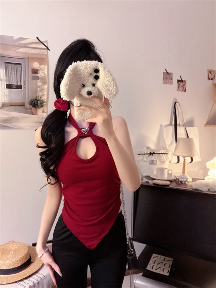 실사 정가 감소되지 않음 섹시함 행침 목 홀로우 아웃 캐미솔 비대칭 디자인 센스 인사이드 가져 가라. 외출용 벨트 가슴 패드 상세 이미지 3