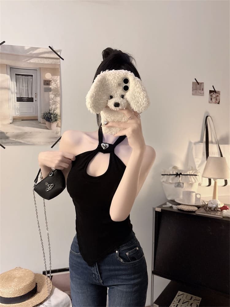 실사 정가 감소되지 않음 섹시함 행침 목 홀로우 아웃 캐미솔 비대칭 디자인 센스 인사이드 가져 가라. 외출용 벨트 가슴 패드 상세 이미지 9