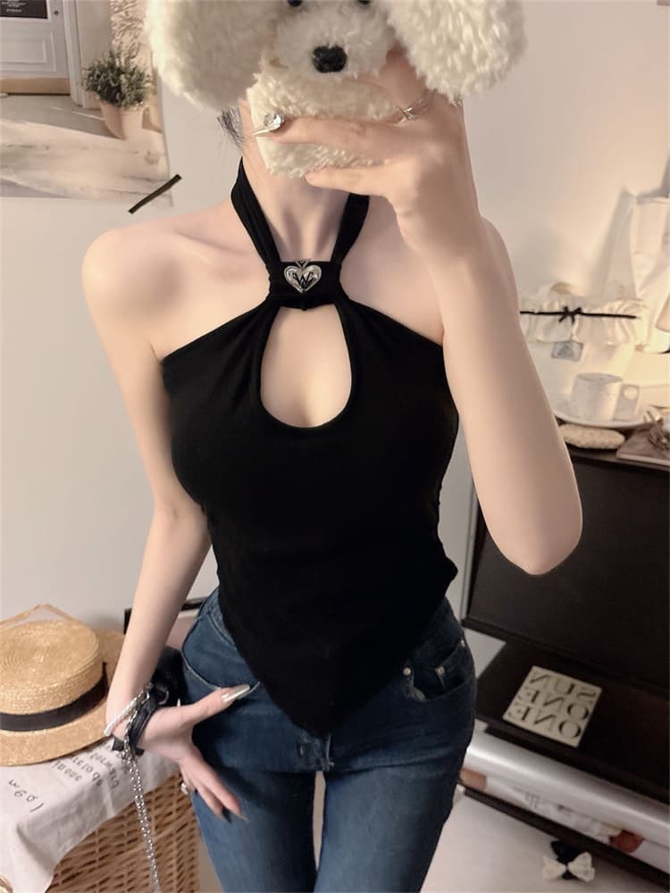 실사 정가 감소되지 않음 섹시함 행침 목 홀로우 아웃 캐미솔 비대칭 디자인 센스 인사이드 가져 가라. 외출용 벨트 가슴 패드 상세 이미지 11