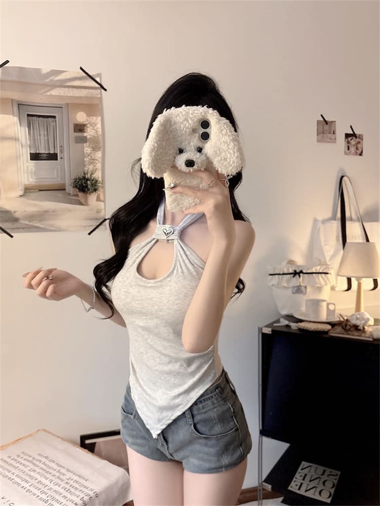 실사 정가 감소되지 않음 섹시함 행침 목 홀로우 아웃 캐미솔 비대칭 디자인 센스 인사이드 가져 가라. 외출용 벨트 가슴 패드 상세 이미지 21