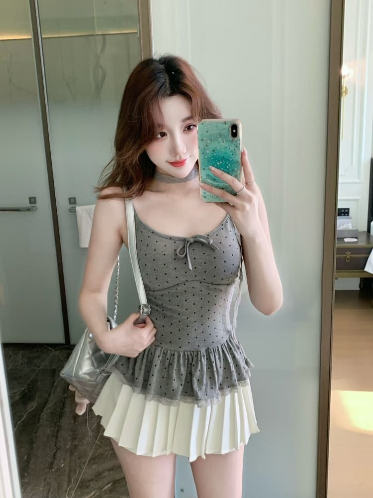 실사 정가 감소되지 않음 달콤한 핫걸 도트 무늬 부서 벨트 가슴 패드 조끼 슬립 봄 작은 대중 연령 감소 섹시함 맨위 이미지 2