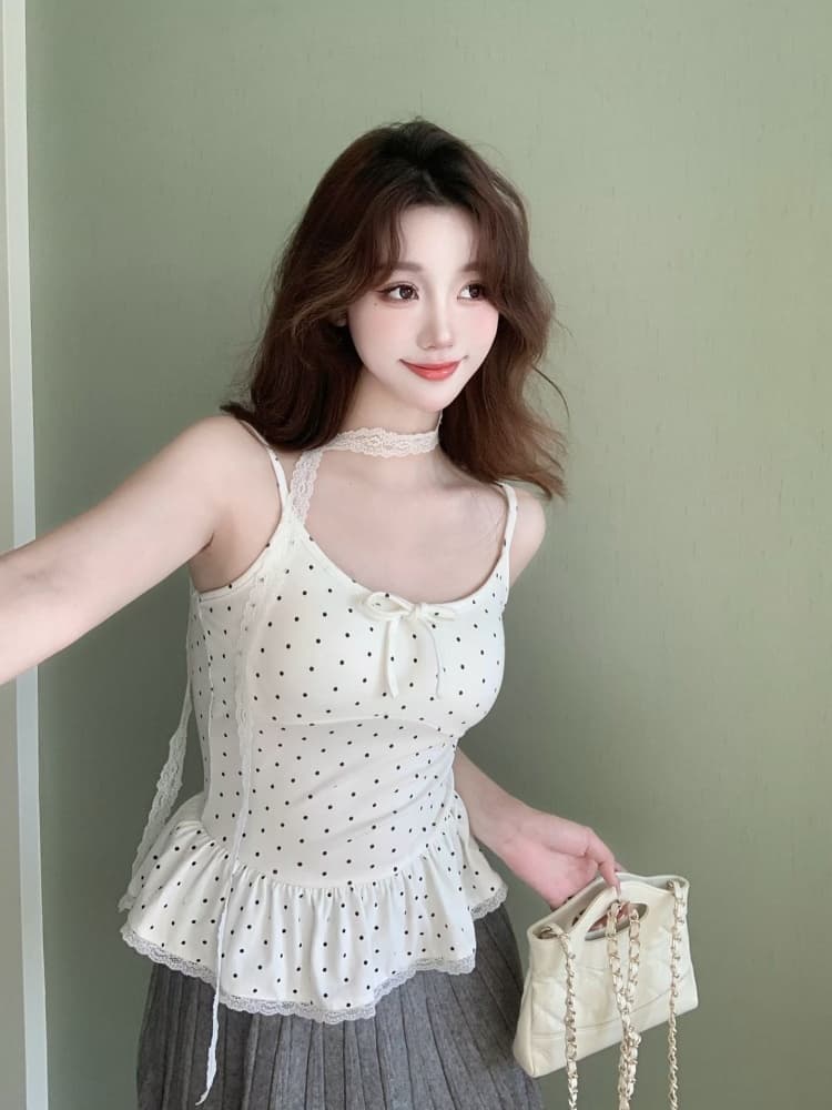 실사 정가 감소되지 않음 달콤한 핫걸 도트 무늬 부서 벨트 가슴 패드 조끼 슬립 봄 작은 대중 연령 감소 섹시함 맨위 상세 이미지 3