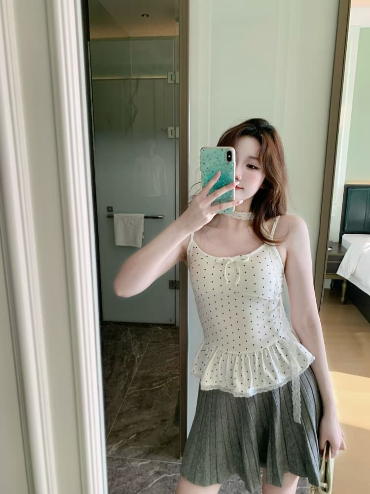 실사 정가 감소되지 않음 달콤한 핫걸 도트 무늬 부서 벨트 가슴 패드 조끼 슬립 봄 작은 대중 연령 감소 섹시함 맨위 상세 이미지 4