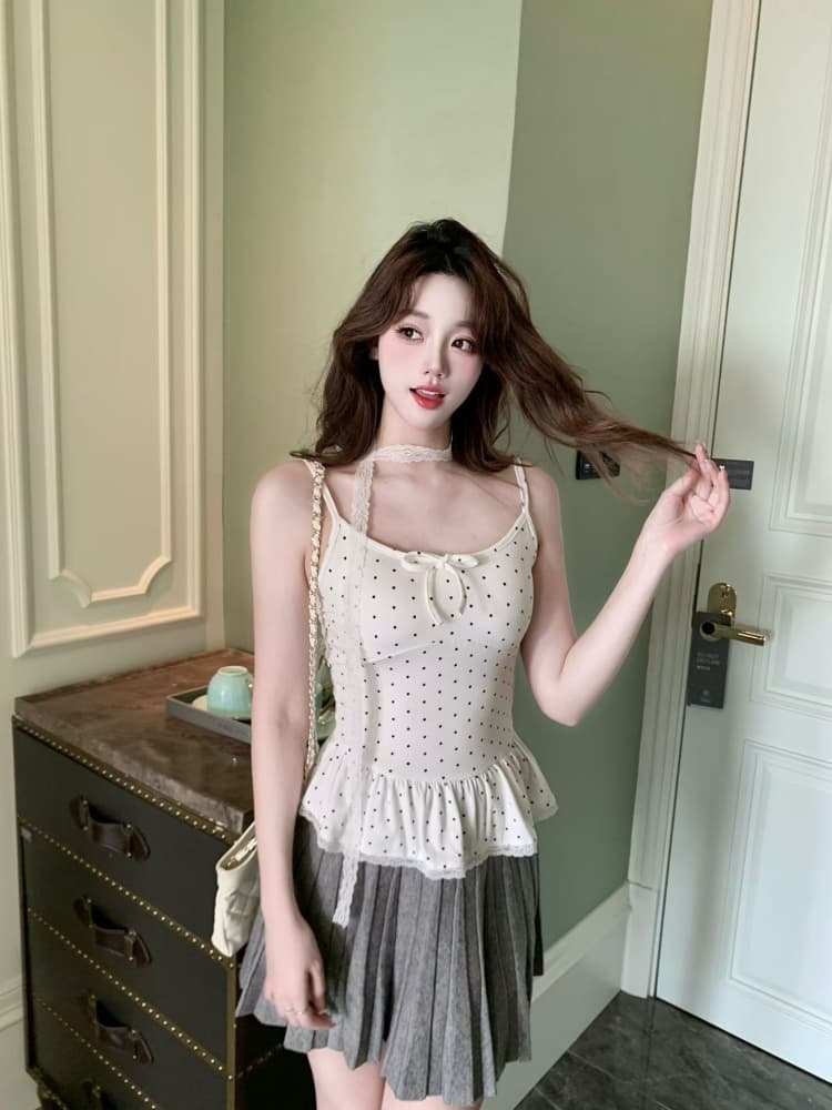 실사 정가 감소되지 않음 달콤한 핫걸 도트 무늬 부서 벨트 가슴 패드 조끼 슬립 봄 작은 대중 연령 감소 섹시함 맨위 상세 이미지 5