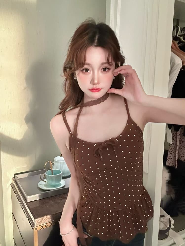 실사 정가 감소되지 않음 달콤한 핫걸 도트 무늬 부서 벨트 가슴 패드 조끼 슬립 봄 작은 대중 연령 감소 섹시함 맨위 상세 이미지 9