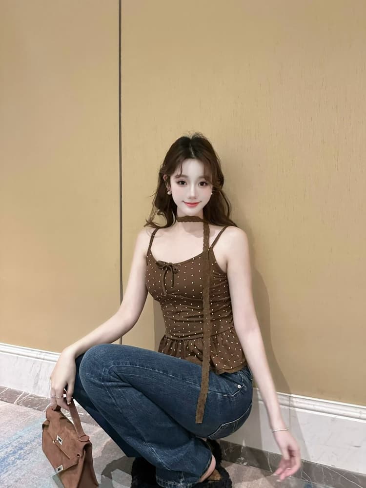 실사 정가 감소되지 않음 달콤한 핫걸 도트 무늬 부서 벨트 가슴 패드 조끼 슬립 봄 작은 대중 연령 감소 섹시함 맨위 상세 이미지 10