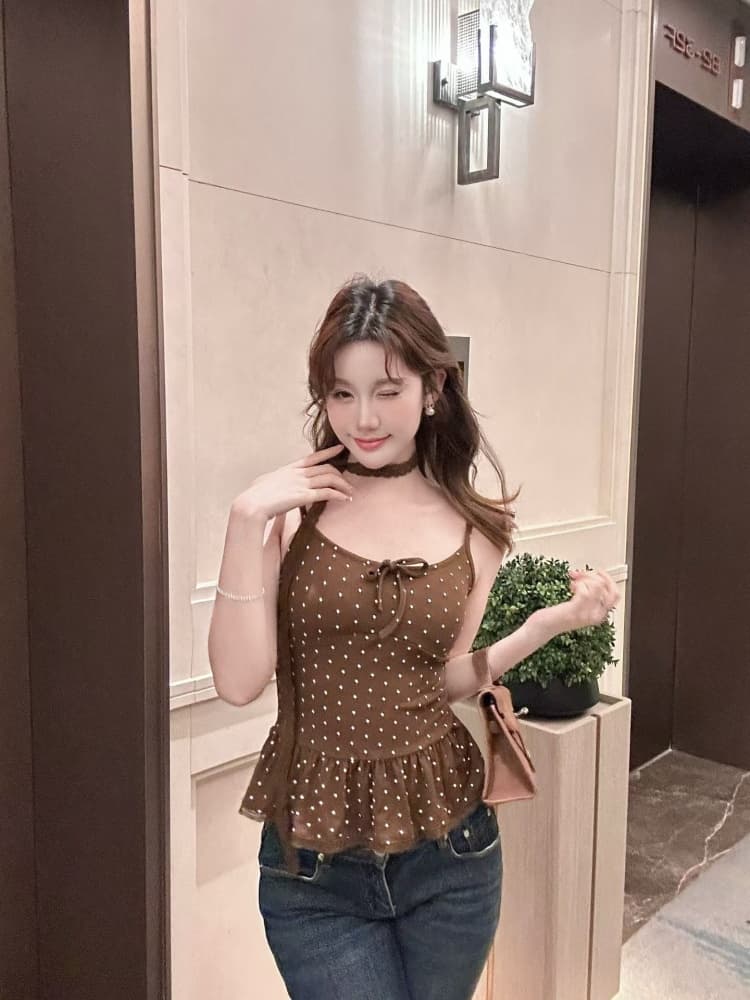실사 정가 감소되지 않음 달콤한 핫걸 도트 무늬 부서 벨트 가슴 패드 조끼 슬립 봄 작은 대중 연령 감소 섹시함 맨위 상세 이미지 14
