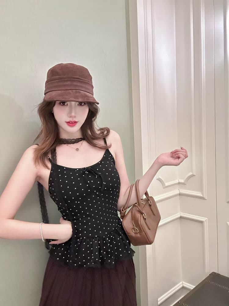 실사 정가 감소되지 않음 달콤한 핫걸 도트 무늬 부서 벨트 가슴 패드 조끼 슬립 봄 작은 대중 연령 감소 섹시함 맨위 상세 이미지 15