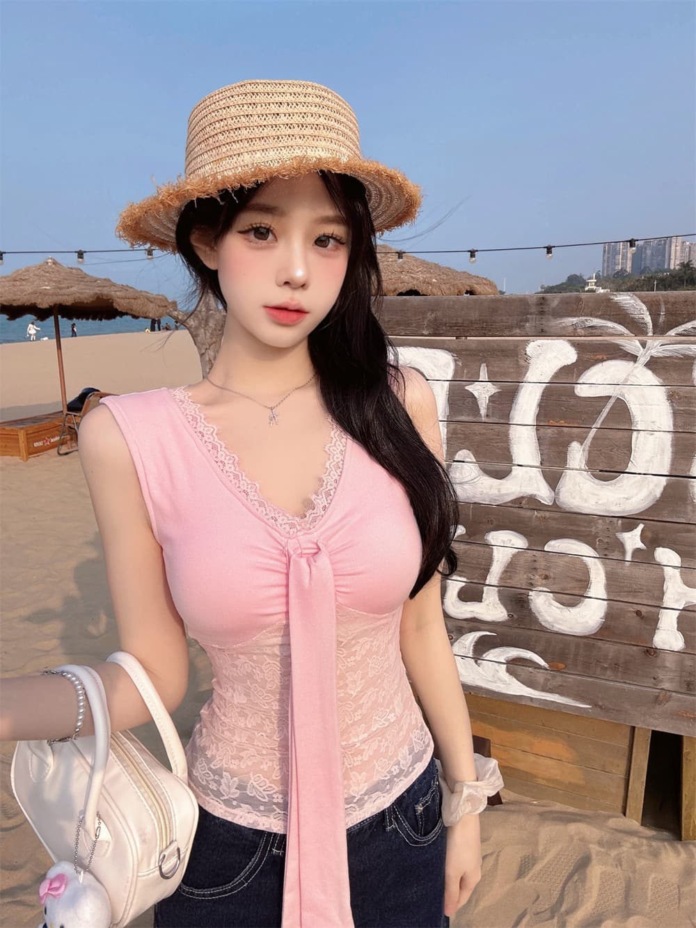실사 정가 감소되지 않음 순수한 욕망 핫걸 바람 레이스 조각 V넥 레이스업 조끼 여성 몸매 가꾸기 슬림해 보이는 맨위 상세 이미지 7