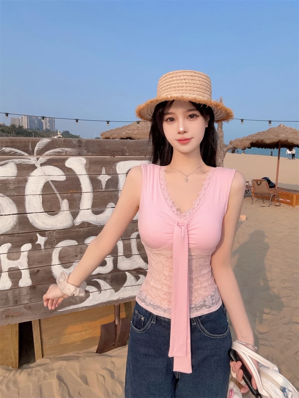 실사 정가 감소되지 않음 순수한 욕망 핫걸 바람 레이스 조각 V넥 레이스업 조끼 여성 몸매 가꾸기 슬림해 보이는 맨위 상세 이미지 8