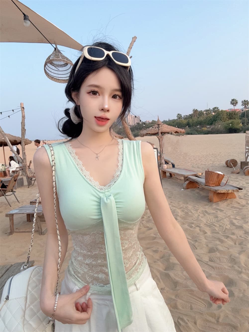 실사 정가 감소되지 않음 순수한 욕망 핫걸 바람 레이스 조각 V넥 레이스업 조끼 여성 몸매 가꾸기 슬림해 보이는 맨위 상세 이미지 9