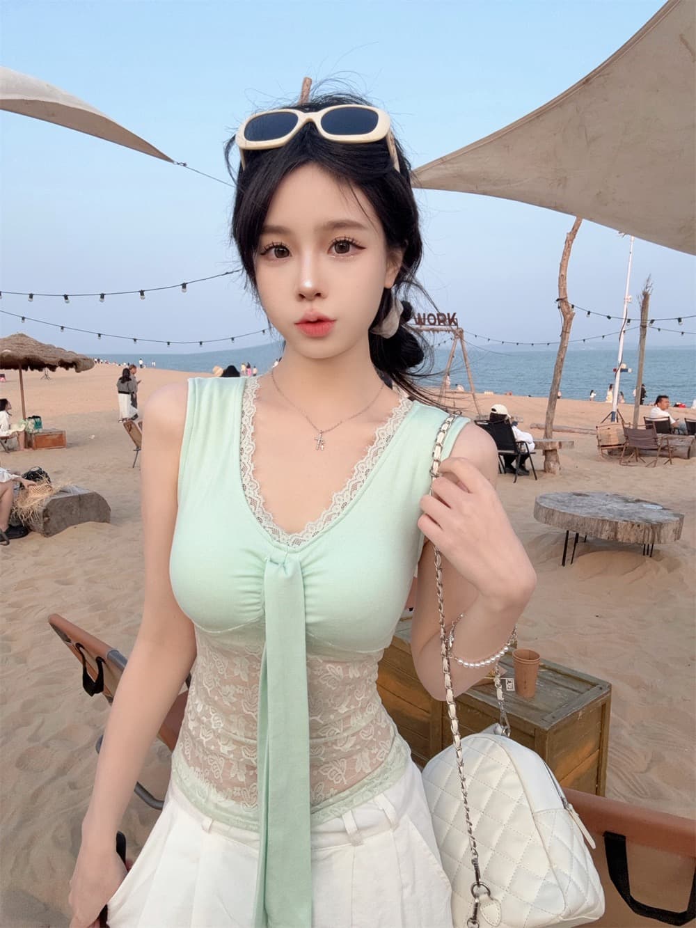 실사 정가 감소되지 않음 순수한 욕망 핫걸 바람 레이스 조각 V넥 레이스업 조끼 여성 몸매 가꾸기 슬림해 보이는 맨위 상세 이미지 12
