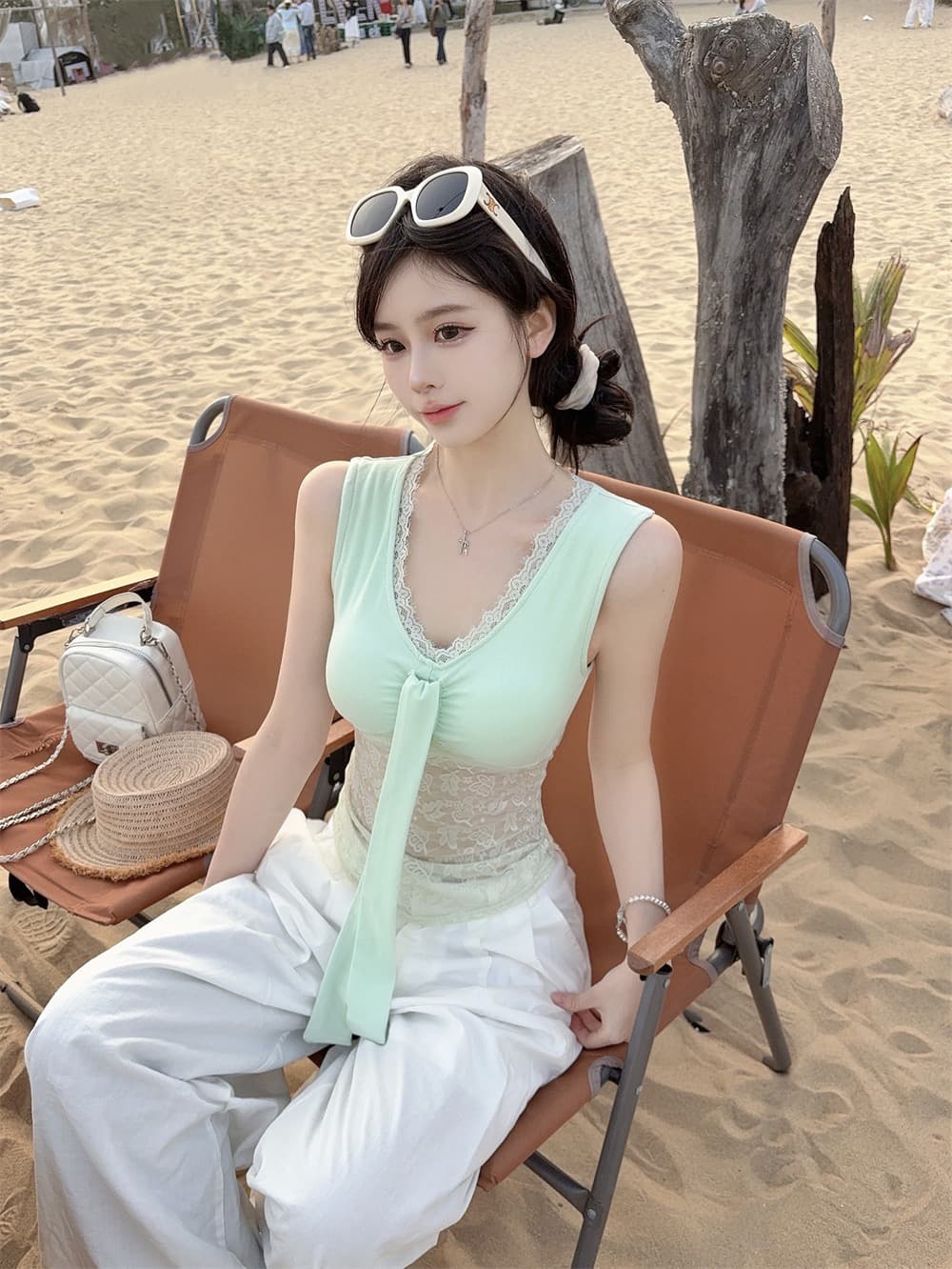 실사 정가 감소되지 않음 순수한 욕망 핫걸 바람 레이스 조각 V넥 레이스업 조끼 여성 몸매 가꾸기 슬림해 보이는 맨위 상세 이미지 13