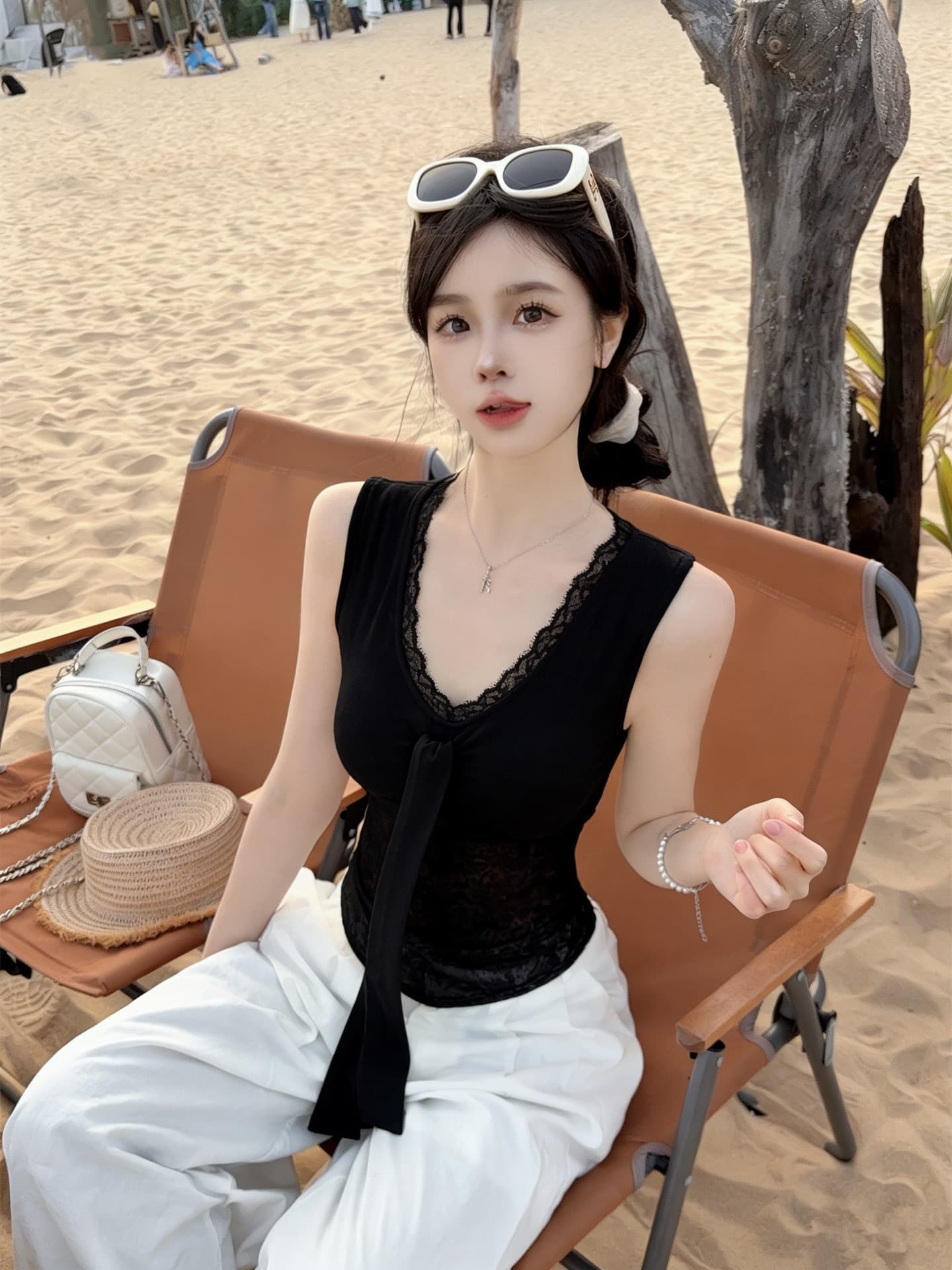 실사 정가 감소되지 않음 순수한 욕망 핫걸 바람 레이스 조각 V넥 레이스업 조끼 여성 몸매 가꾸기 슬림해 보이는 맨위 상세 이미지 21