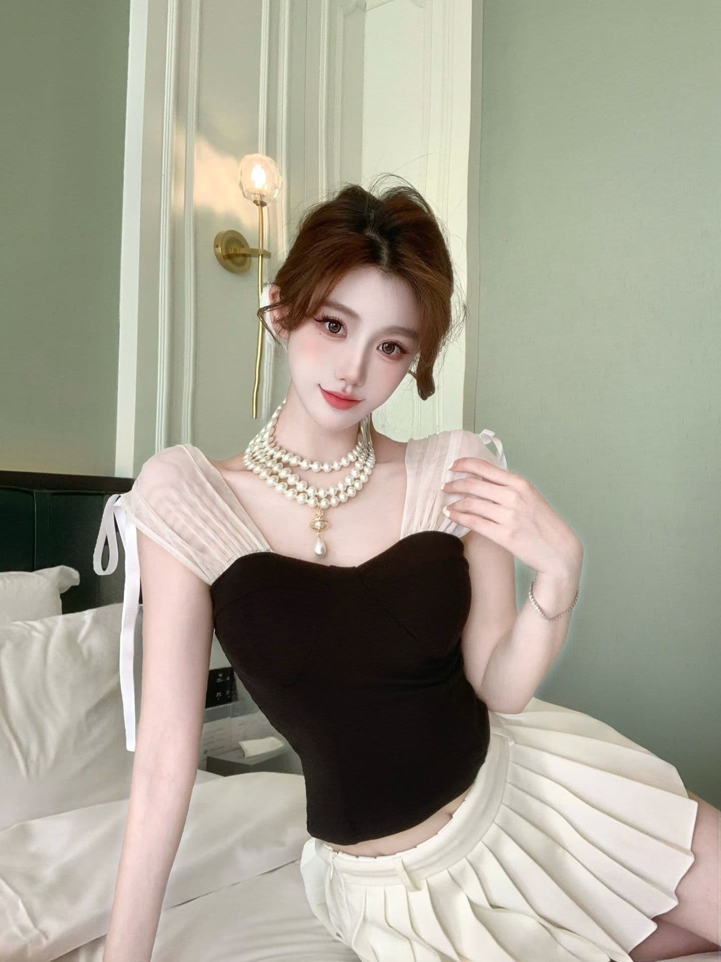 실사 정가 감소되지 않음 부드러운 바람 레이스업 망사 패치워크 민소매 캐미솔 순수한 욕망 섹시함 이슬 쇄골 맨위 상세 이미지 1