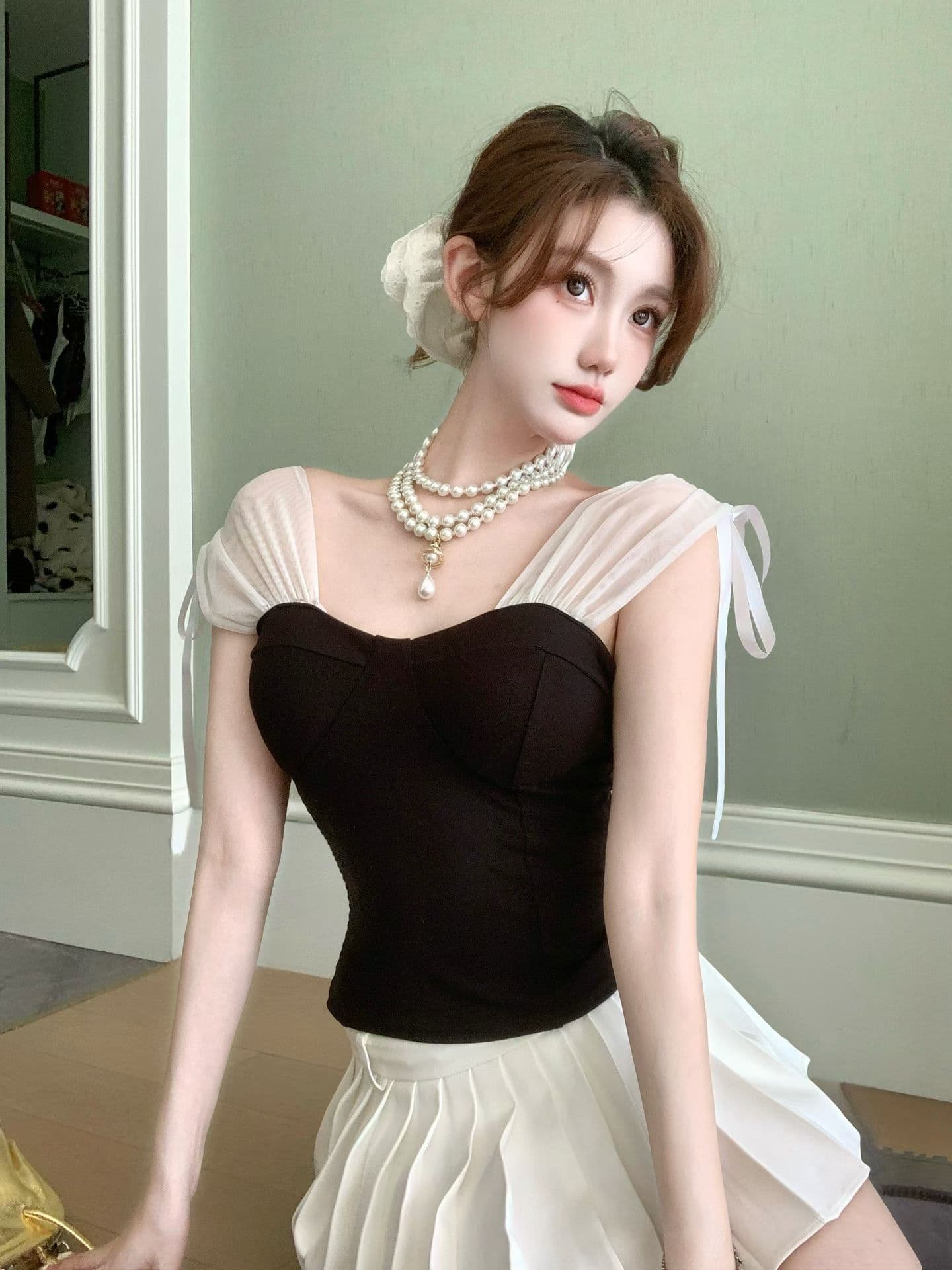 실사 정가 감소되지 않음 부드러운 바람 레이스업 망사 패치워크 민소매 캐미솔 순수한 욕망 섹시함 이슬 쇄골 맨위 상세 이미지 2