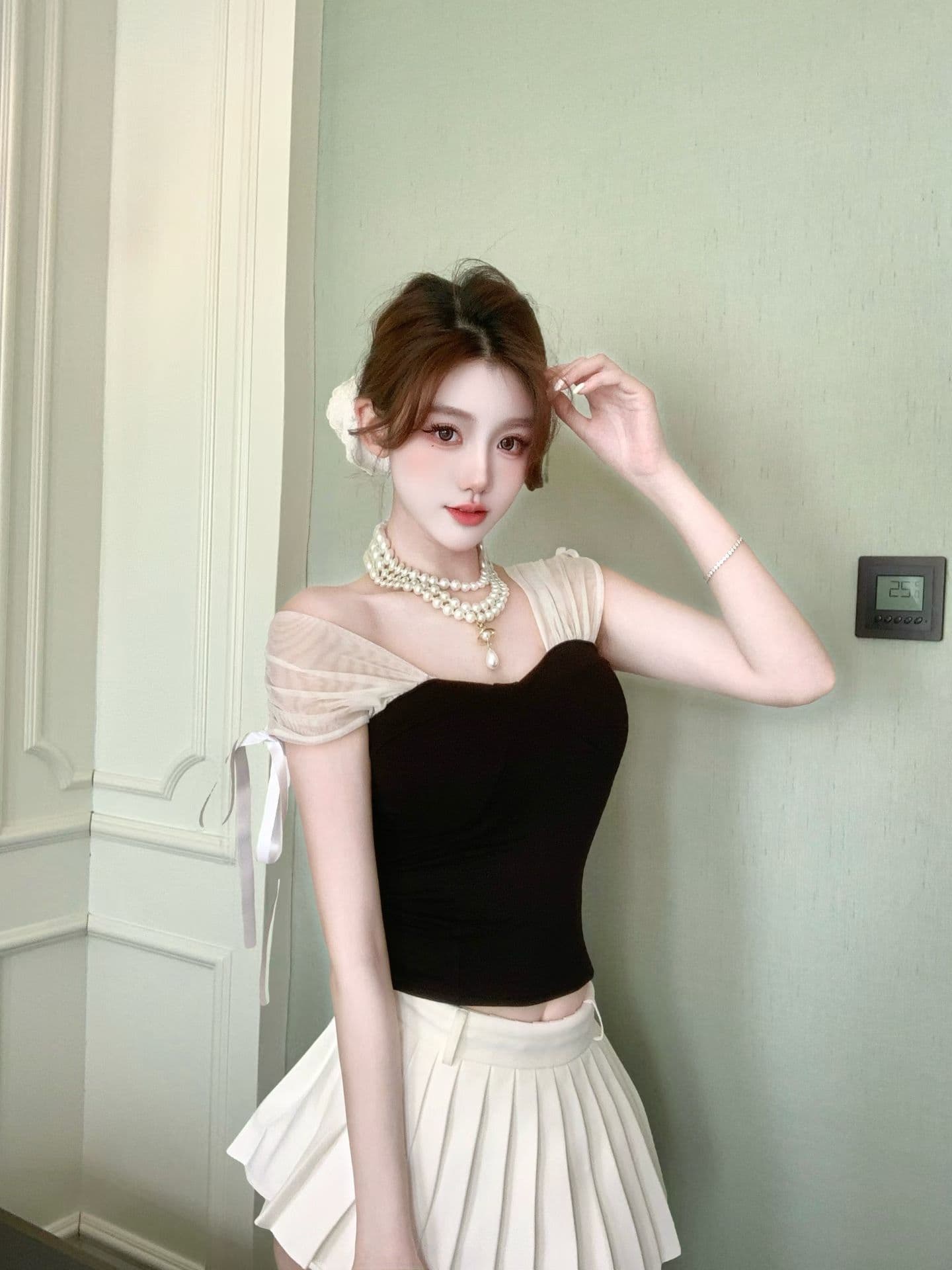 실사 정가 감소되지 않음 부드러운 바람 레이스업 망사 패치워크 민소매 캐미솔 순수한 욕망 섹시함 이슬 쇄골 맨위 상세 이미지 6