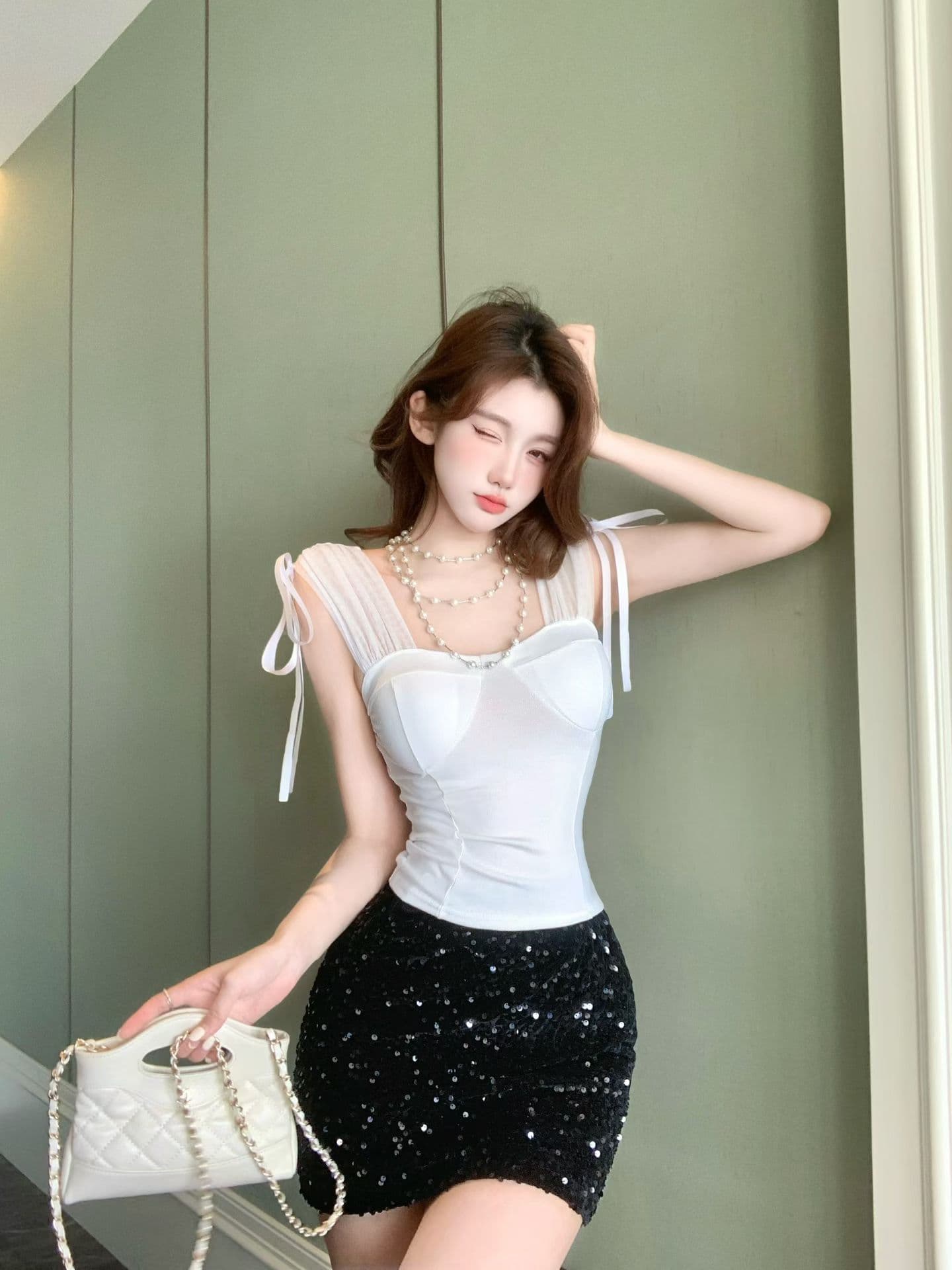 실사 정가 감소되지 않음 부드러운 바람 레이스업 망사 패치워크 민소매 캐미솔 순수한 욕망 섹시함 이슬 쇄골 맨위 상세 이미지 7