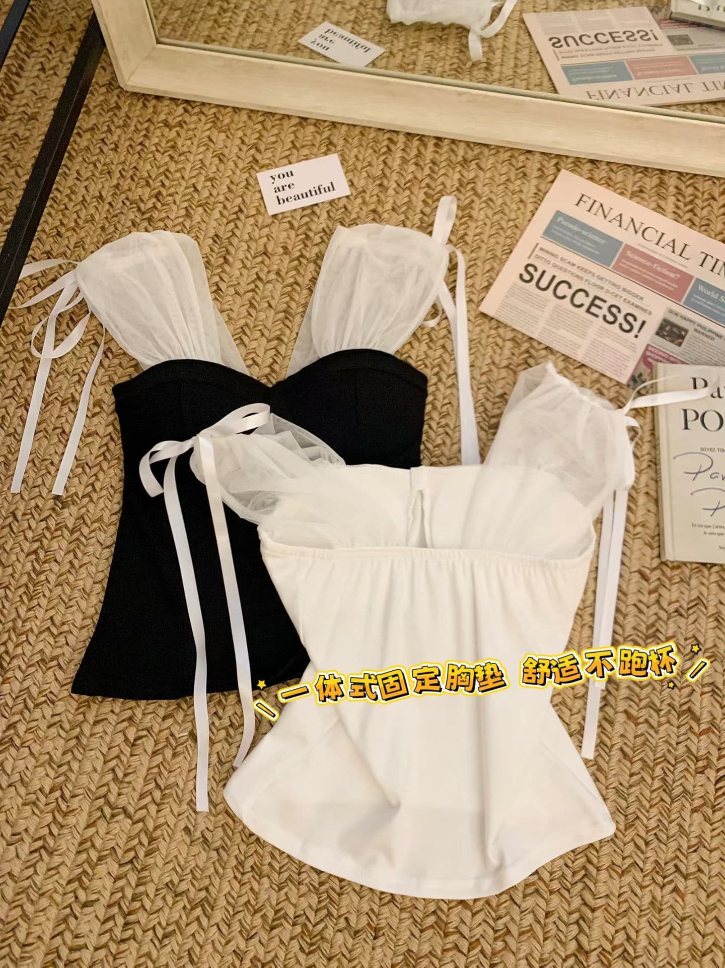 실사 정가 감소되지 않음 부드러운 바람 레이스업 망사 패치워크 민소매 캐미솔 순수한 욕망 섹시함 이슬 쇄골 맨위 상세 이미지 14