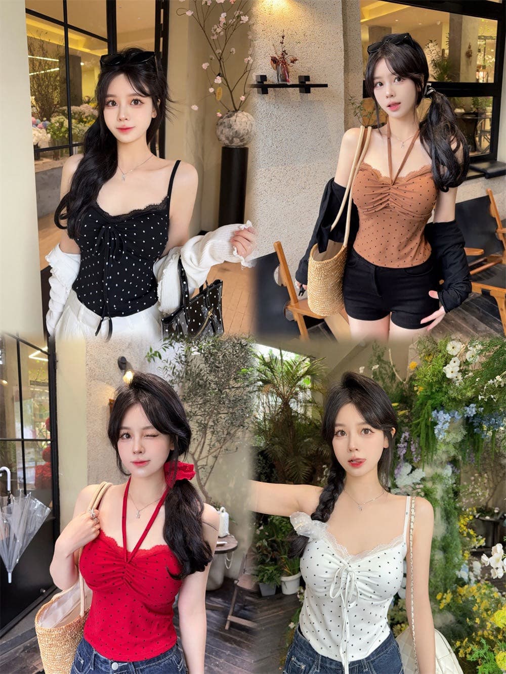 실사 정가 감소되지 않음 소녀 바람 도트 레이스 패치워크 행침 목 캐미솔 원피스 벨트 가슴 패드 의류 상세 이미지 2