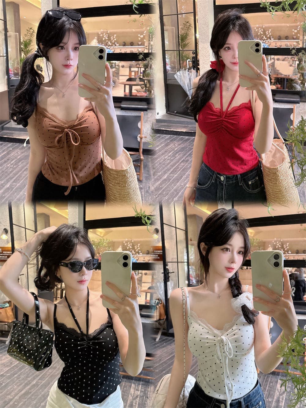 실사 정가 감소되지 않음 소녀 바람 도트 레이스 패치워크 행침 목 캐미솔 원피스 벨트 가슴 패드 의류 상세 이미지 3