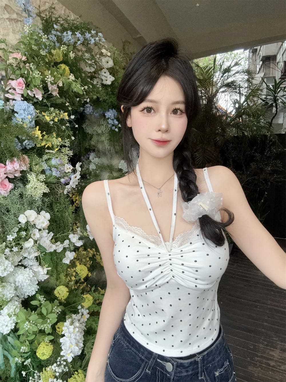 실사 정가 감소되지 않음 소녀 바람 도트 레이스 패치워크 행침 목 캐미솔 원피스 벨트 가슴 패드 의류 상세 이미지 10