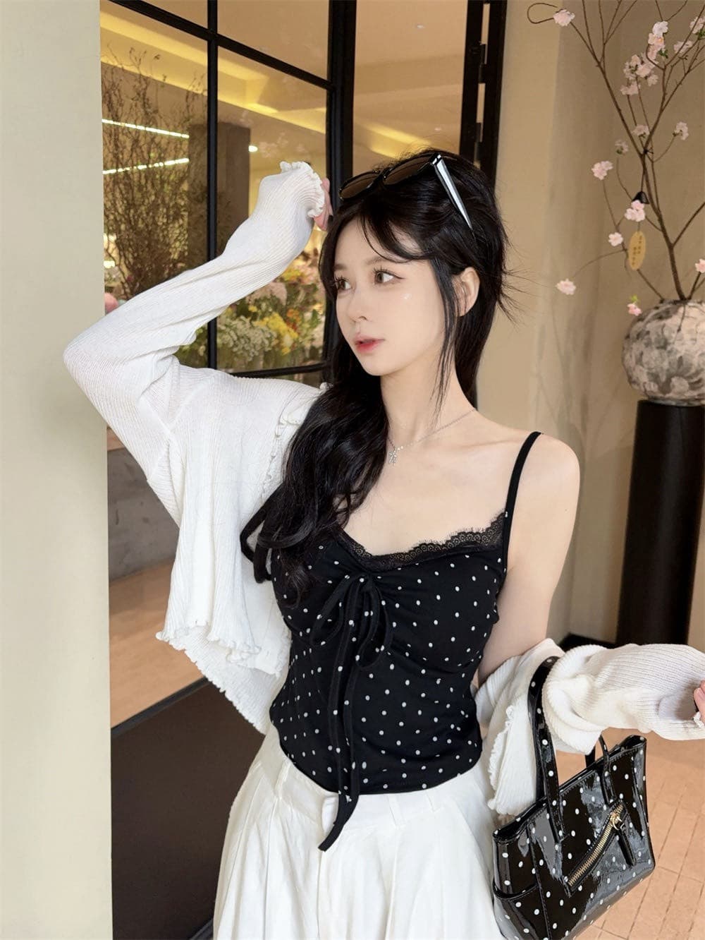 실사 정가 감소되지 않음 소녀 바람 도트 레이스 패치워크 행침 목 캐미솔 원피스 벨트 가슴 패드 의류 상세 이미지 12