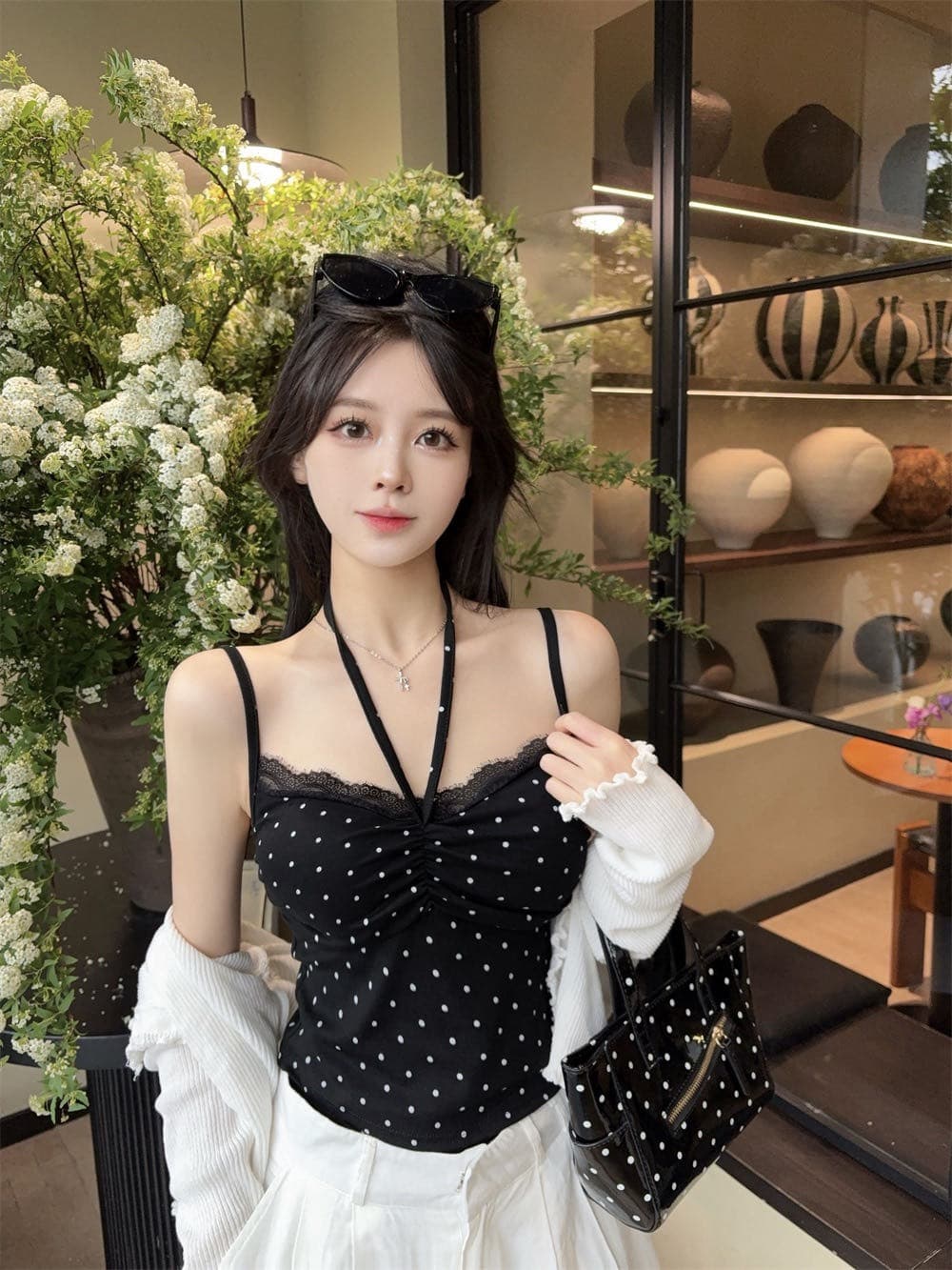 실사 정가 감소되지 않음 소녀 바람 도트 레이스 패치워크 행침 목 캐미솔 원피스 벨트 가슴 패드 의류 상세 이미지 15