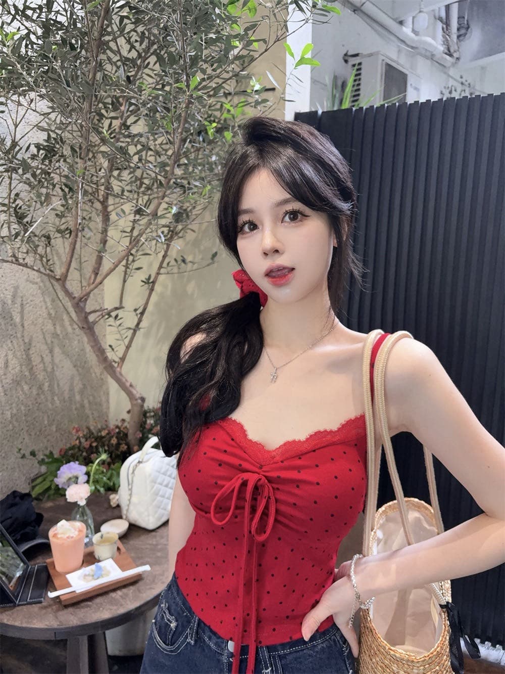 실사 정가 감소되지 않음 소녀 바람 도트 레이스 패치워크 행침 목 캐미솔 원피스 벨트 가슴 패드 의류 상세 이미지 16