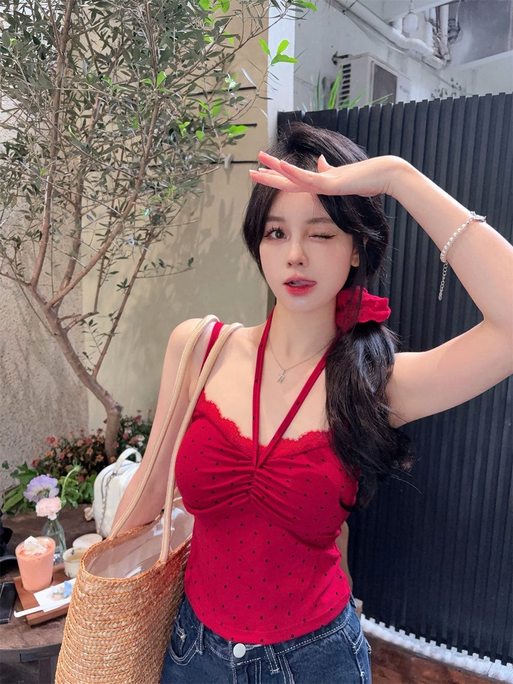 실사 정가 감소되지 않음 소녀 바람 도트 레이스 패치워크 행침 목 캐미솔 원피스 벨트 가슴 패드 의류 상세 이미지 18