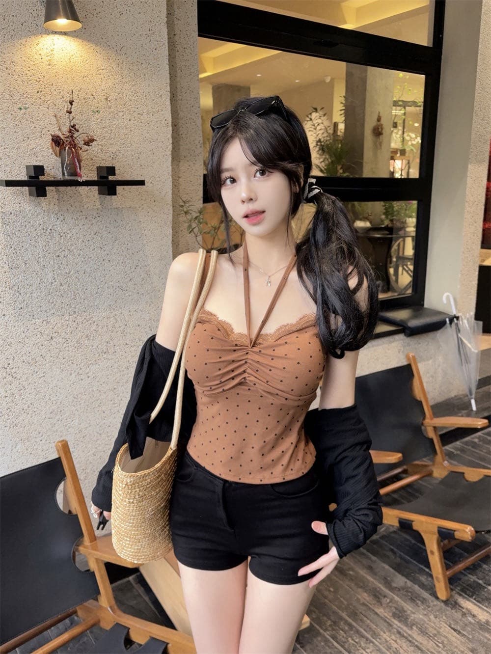 실사 정가 감소되지 않음 소녀 바람 도트 레이스 패치워크 행침 목 캐미솔 원피스 벨트 가슴 패드 의류 상세 이미지 21