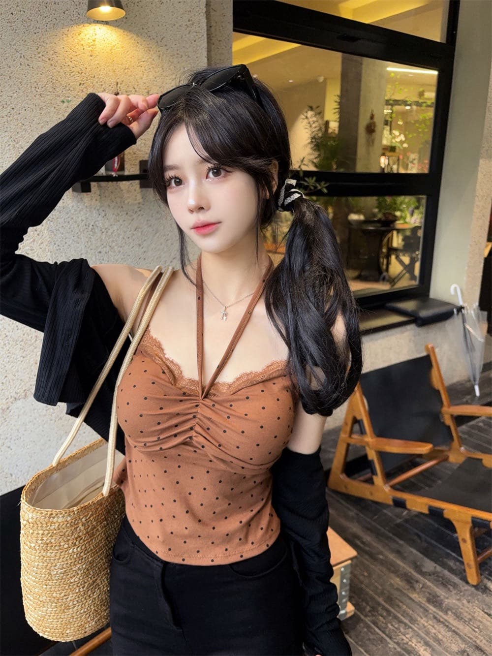실사 정가 감소되지 않음 소녀 바람 도트 레이스 패치워크 행침 목 캐미솔 원피스 벨트 가슴 패드 의류 상세 이미지 24